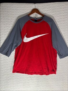 Nike Men’s Red Raglan Tee with Gray Sleeves and White Swoosh